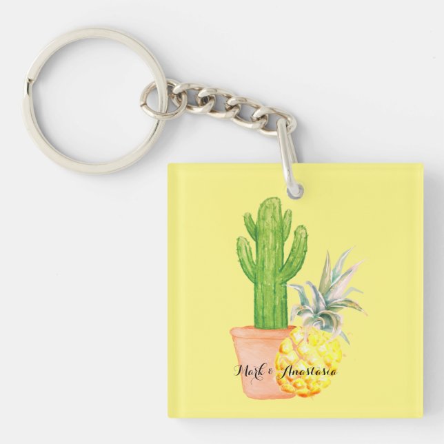 Modern Love Yellow Pineapple and Cactus Key Ring (Front)