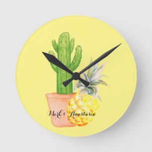 Modern Love Yellow Pineapple and Cactus Round Clock