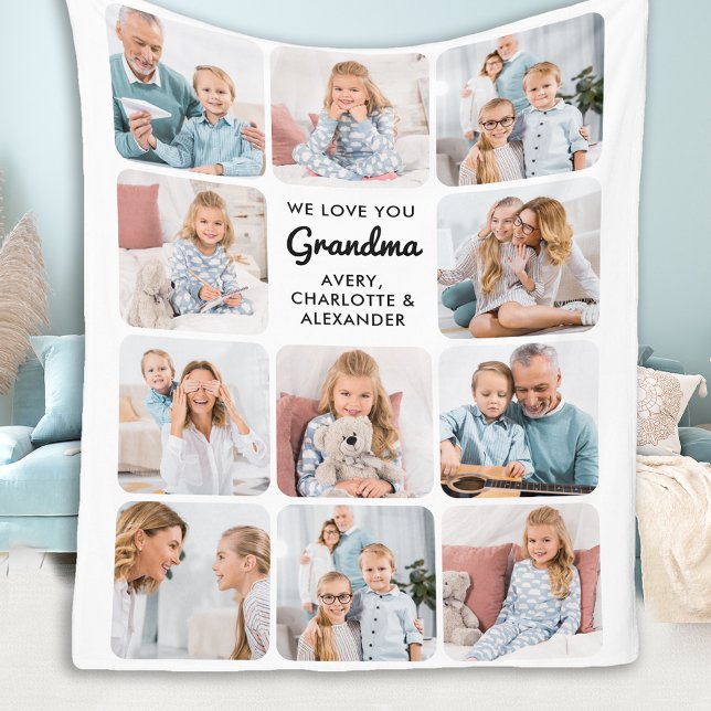 Modern Love You Grandma Custom 11 Photo Collage Fleece Blanket (Creator Uploaded)