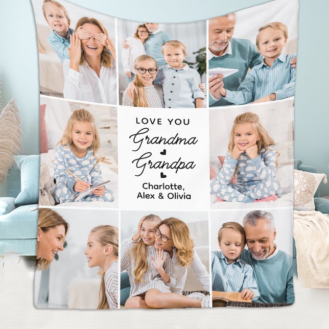 Modern Love You Grandma Grandpa Custom 8 Photo Fleece Blanket (Creator Uploaded)