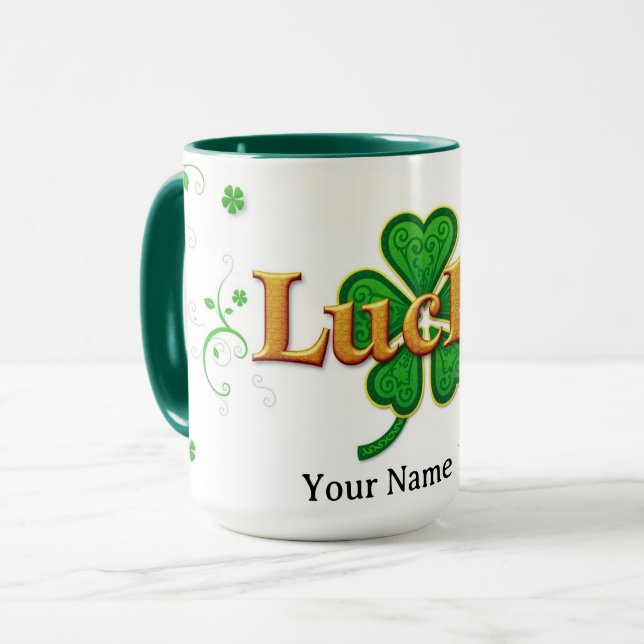 Modern Lucky Green Patterned Shamrock Mug (Front Left)