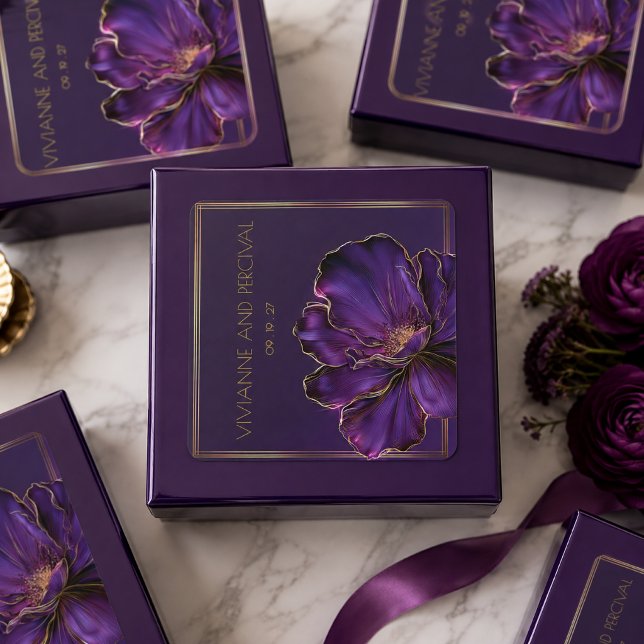 Modern Luminous Violets Purple Wedding  Square Sticker (Purple Violet Favor Stickers )