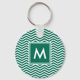 Modern Lush Green Chevrons With Monogram Key Ring