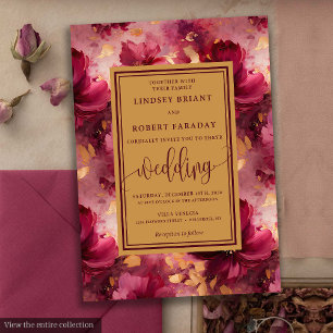 Modern Lux Deep Red Blush Gold Roses Wedding Invitation