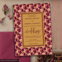 Modern Lux Maroon Gold Flowers Wedding Invitation