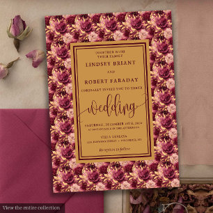 Modern Lux Maroon Gold Flowers Wedding Invitation