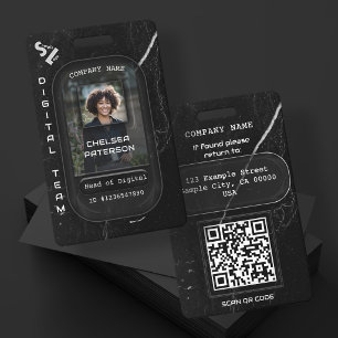 Modern Luxe Black Marble Employee Photo ID QR Code Badge