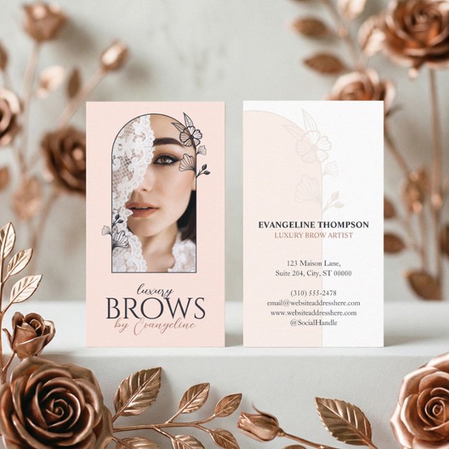 Modern Luxe Brow Specialist Floral Rose Arch Photo Business Card (Modern Luxe Brow Specialist Floral Rose Arch Photo Business Card)