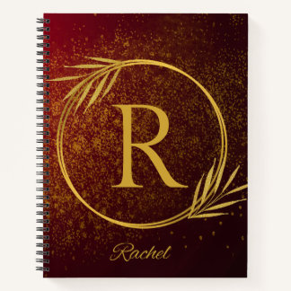 Modern Luxe Deep Red & Gold Custom Name & Initial Notebook