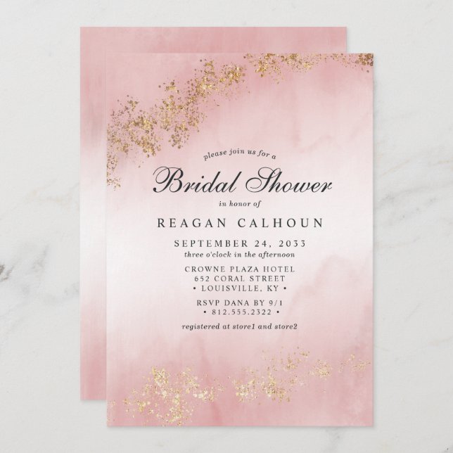 Modern Luxe Gold Flecks Blush Pink Bridal Shower Invitation (Front/Back)