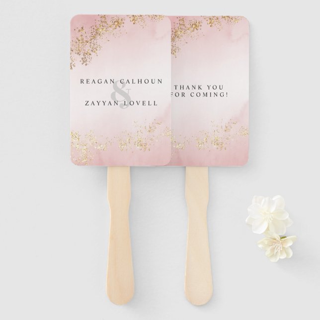 Modern Luxe Gold Flecks Blush Pink Mist Wedding Hand Fan (Front and Back)