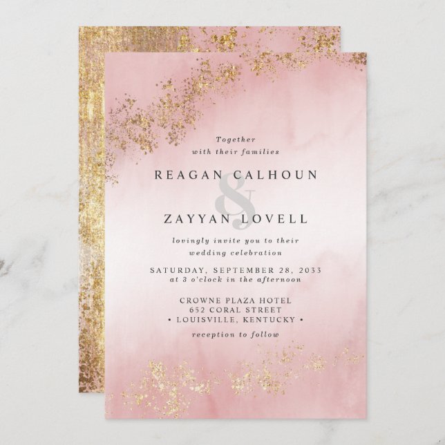 Modern Luxe Gold Flecks Blush Pink Mist Wedding Invitation (Front/Back)