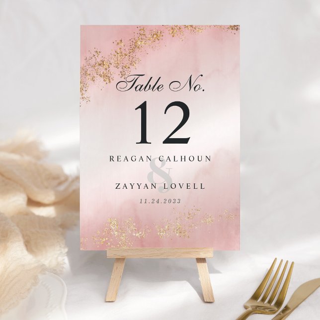 Modern Luxe Gold Flecks Blush Pink Mist Wedding Table Number (Creator Uploaded)