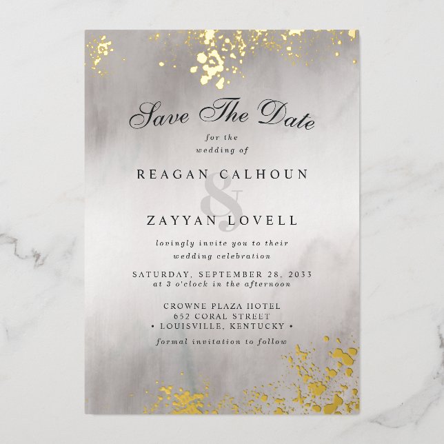 Modern Luxe Gold Flecks Grey Mist Save The Date (Front)