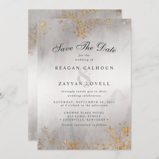 Modern Luxe Gold Flecks Grey Mist Save The Date (Front/Back)