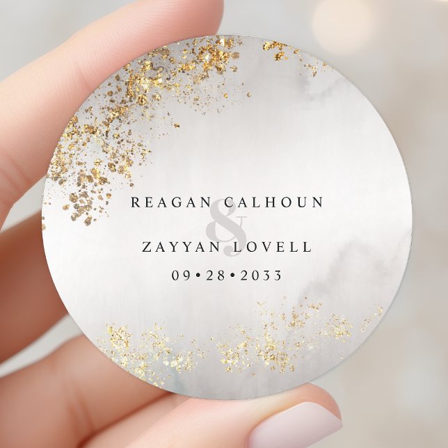 Modern Luxe Gold Flecks Grey Mist Wedding Classic Round Sticker (Creator Uploaded)