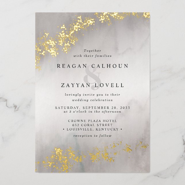 Modern Luxe Gold Flecks Grey Watercolor Wedding (Front)
