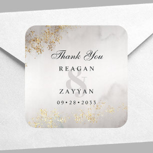 Modern Luxe Gold Flecks Grey Wedding Thank You Square Sticker