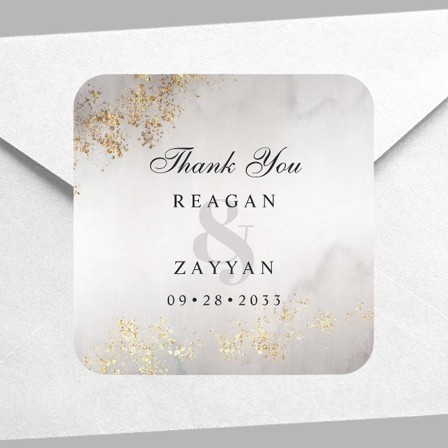Modern Luxe Gold Flecks Grey Wedding Thank You Square Sticker (Creator Uploaded)