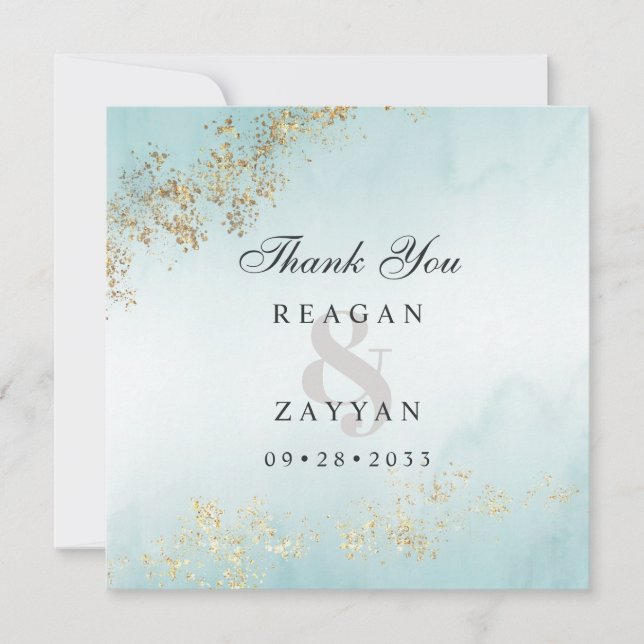 Modern Luxe Gold Flecks Teal Mist Wedding Thank You Card (Front)