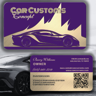 Modern Luxurious Purple & Gold engraved-style Car Business Card