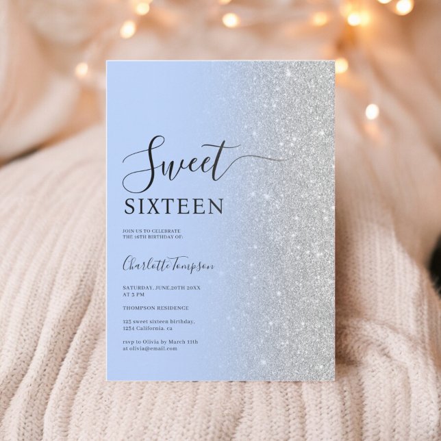 Modern Luxurious Silver Glitter Ice Blue Sweet 16 Invitation (Modern Luxurious Silver Glitter Ice Blue Sweet 16 Invitation)