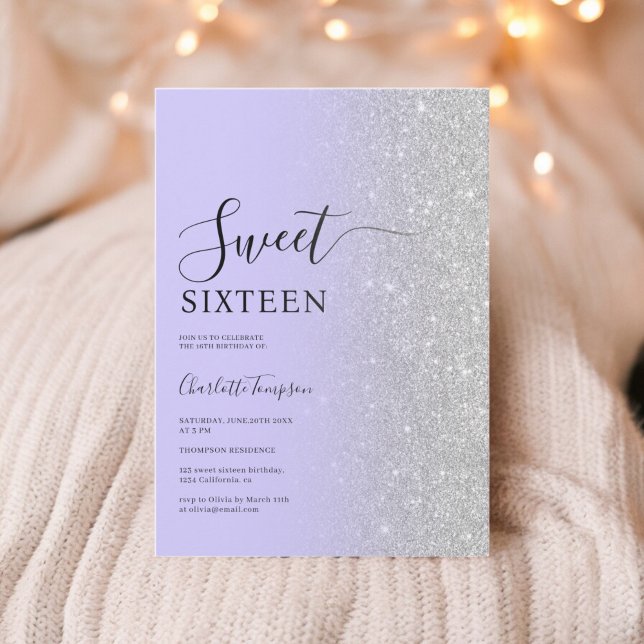 Modern Luxurious Silver Glitter lavender Sweet 16 Invitation (Modern Luxurious Silver Glitter lavender Sweet 16 Invitation)