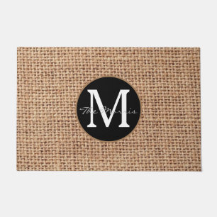 Modern luxury black and brown monogrammed burlap doormat