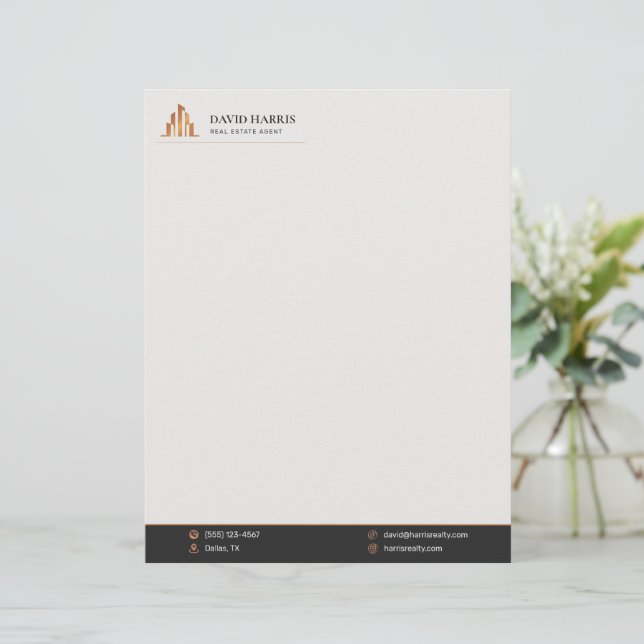Modern Luxury Black & Copper Real Estate Custom Letterhead (Standing Front)
