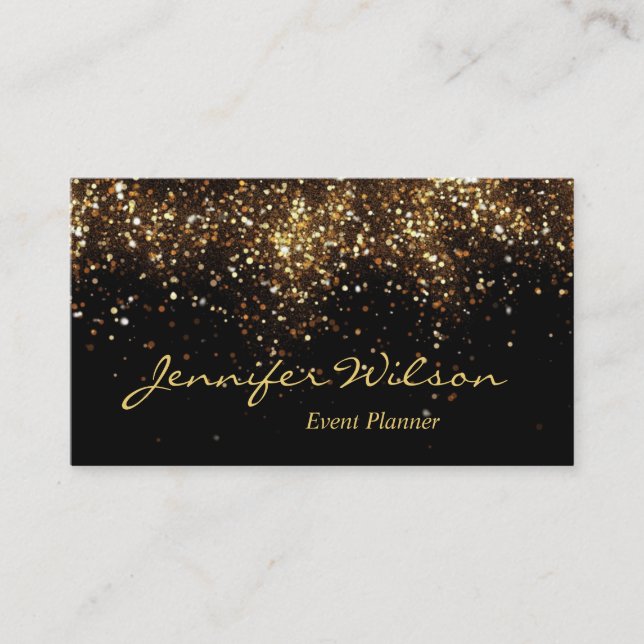 Modern Luxury Black & Gold Glitter Event Planner Business Card (Front)