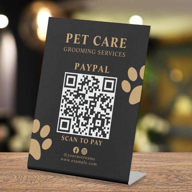 Modern Luxury Black Gold Paw Pet Grooming Service Pedestal Sign (personalized modern black gold professional scan to pay pet store pedestal sign )