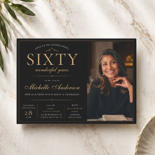 Modern Luxury Black Gold Photo 60th Birthday Invitation
