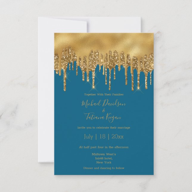 modern luxury blue gold glitters wedding invitation (Front)