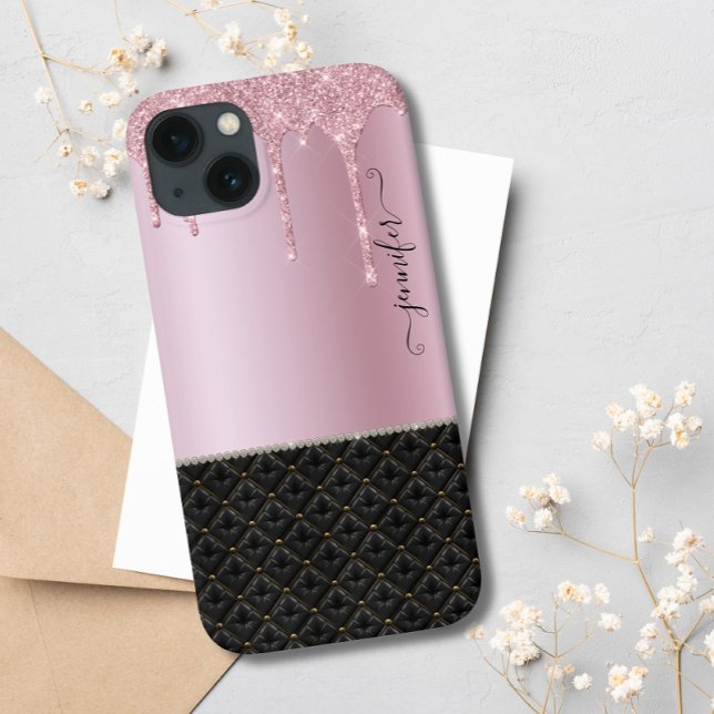 Modern Luxury Blush Pink Black Chic Glitter Drip Case-Mate iPhone Case (Creator Uploaded)