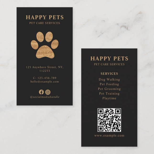 Modern Luxury Charcoal Gold Paw Pet Care Services Business Card (Front/Back)