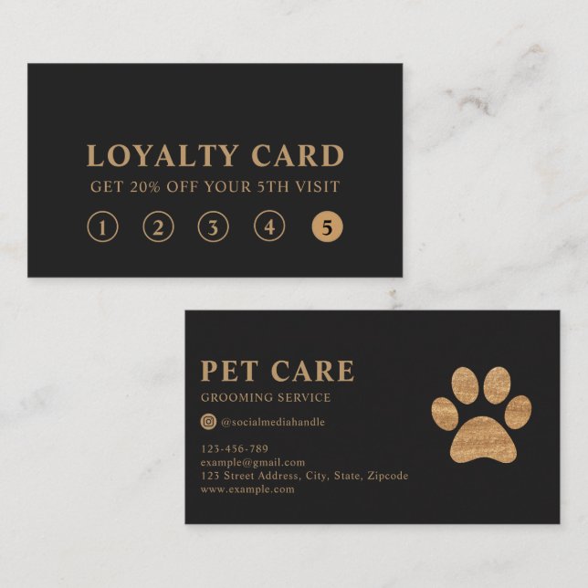 Modern Luxury Charcoal Gold Pet Paw Loyalty Card (Front/Back)