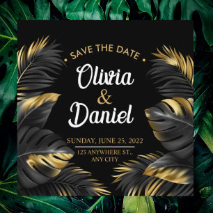 Modern Luxury Chic Black Gold Tropical Palm  Save The Date