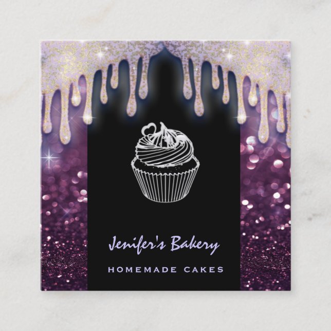 Modern luxury glittery cute cupcake bakery square business card (Front)