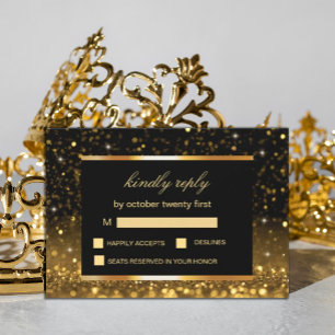 Modern Luxury Gold Black Sparkles  RSVP Card