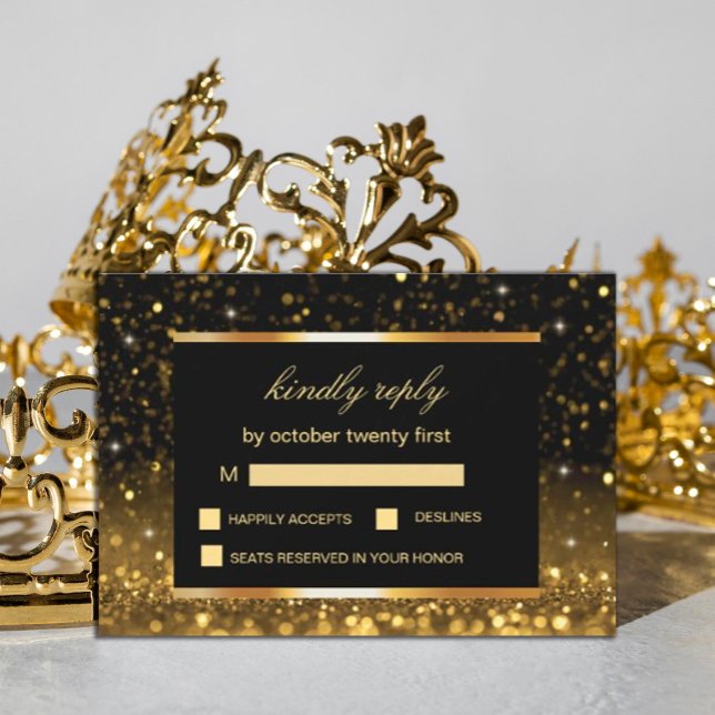 Modern Luxury Gold Black Sparkles  RSVP Card (#zazzlemade #weddings gold, #rsvpcard  #gold and black #sparklescard)