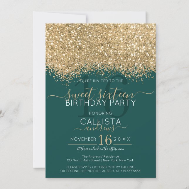 Modern Luxury Gold Green Glitter Confetti Sweet 16 Invitation (Front)