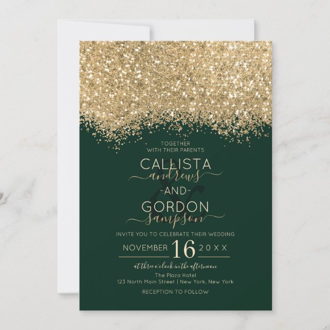 Modern Luxury Gold Green Glitter Confetti Wedding Invitation (Front)