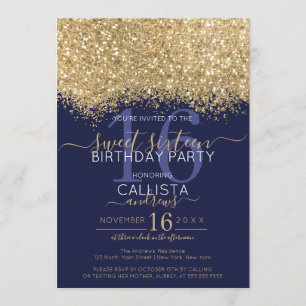 Modern Luxury Gold Navy Glitter Confetti Sweet 16 Invitation