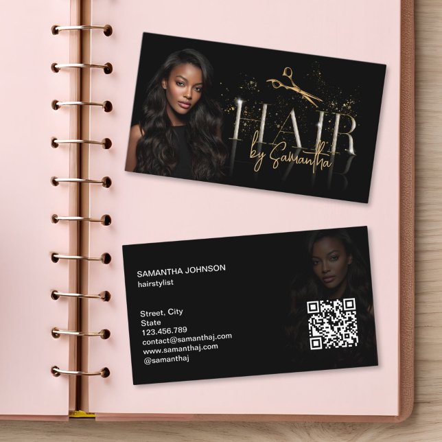modern luxury hair stylist wig extensions scissors business card (modern typography gold scissors hair stylist business cards)