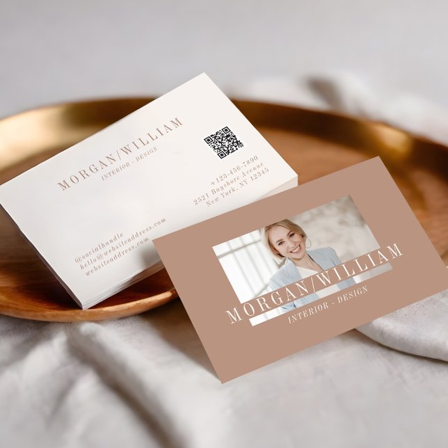 Modern Luxury Monogram Logo Photo QR Code Business Card (Modern Minimal Stylish Custom Photo & QR Code Business Card Front & Back)