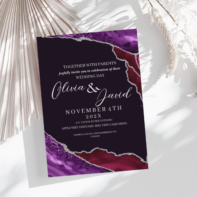 Modern Luxury Purple & Burgundy Agate Wedding  Invitation (Creator Uploaded)
