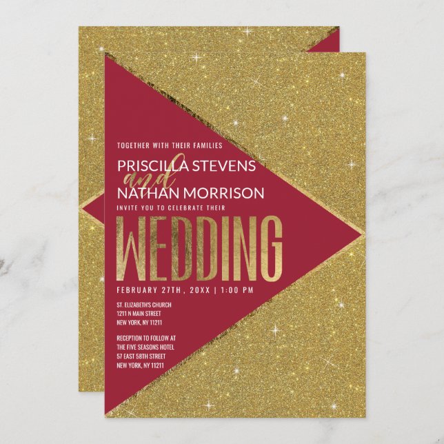 Modern Luxury Red Gold Glitter Geometric Wedding Invitation (Front/Back)