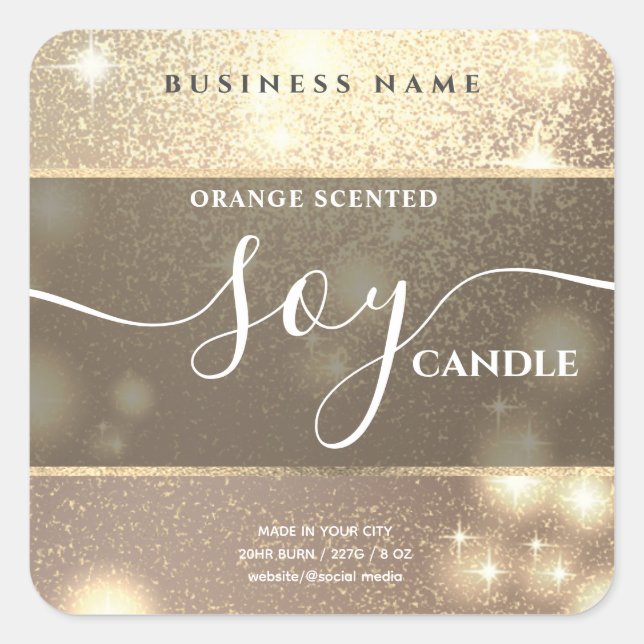 Modern luxury sparkle script soy candle label (Front)