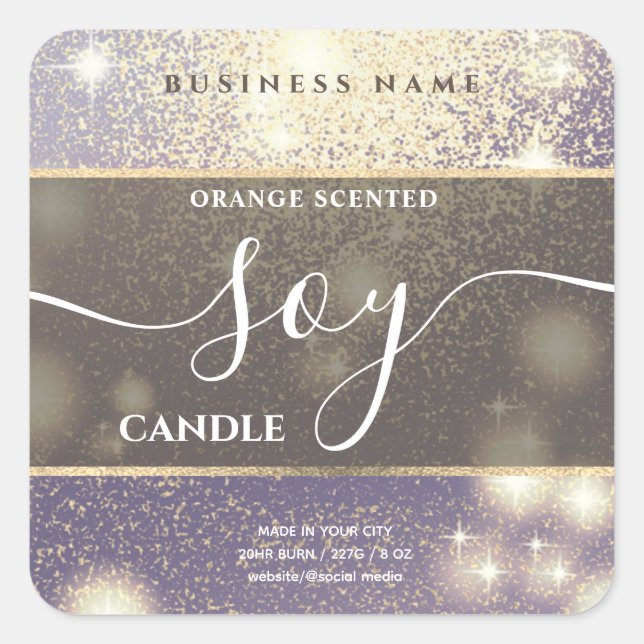 Modern luxury sparkle script soy candle label (Front)