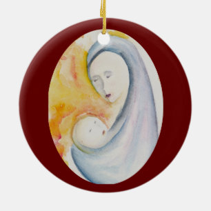 Modern Madonna and Child Deep Red Joy to the World Ceramic Tree Decoration